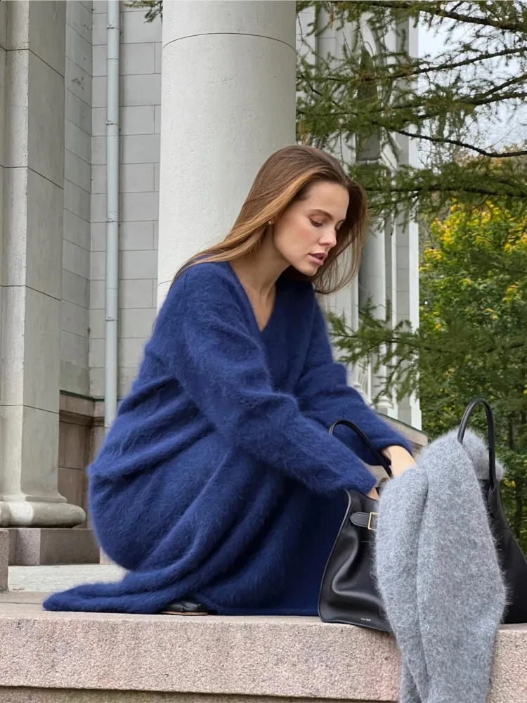 Two Piece Dress Mohair Fall Vneck Tops Midi Skirt Pieces Set Long Sleeve Sweater Suits 2023 Female Elegant Solid Warm Casual Outfits 231214