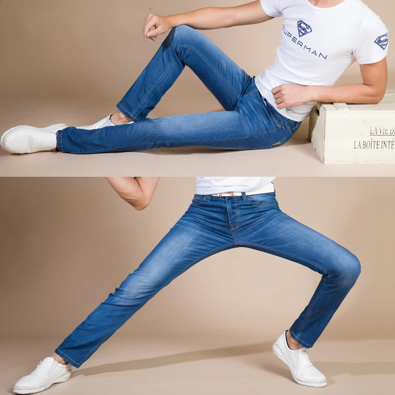 Men's Jeans Classic Style Men Summer Thin Business Casual Stretch Slim Denim Pants Light Blue Black Trousers Male 231214