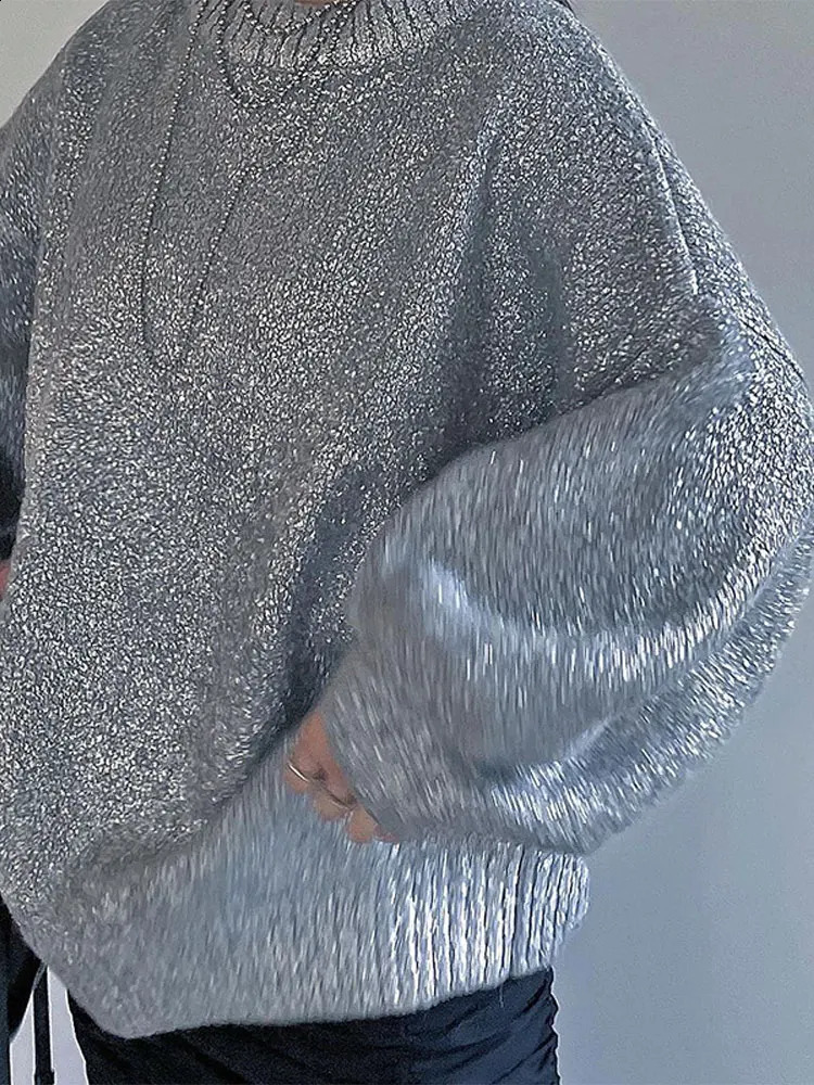 Women's Sweaters Metallic Solid O Neck Sweater For Women Vintage Loose Long Sleeve Shinny Pullover Autumn Female Fashion Street Chic Jumper 23121