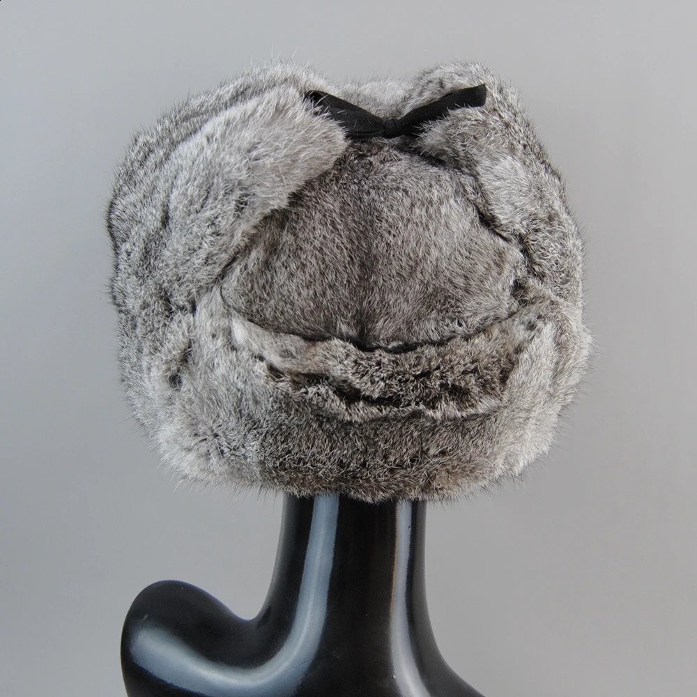 Trapper Hats Men's Caps Warm Natural Rabbit Fur Bomber Hat With Earflaps Winter Unisex Warm Russian Ushanka Hat Real Rabbit Fur Hats 231214 - view 6