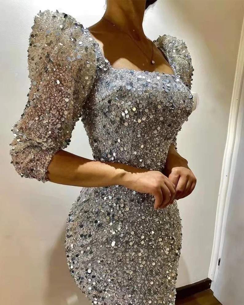Elegant Sier Sequins Sheath Prom Dress 2024 Beading Square Neck 3/4 Sleeves Evening Party Gowns Arabic Dubai Vestidos De Festa 1102