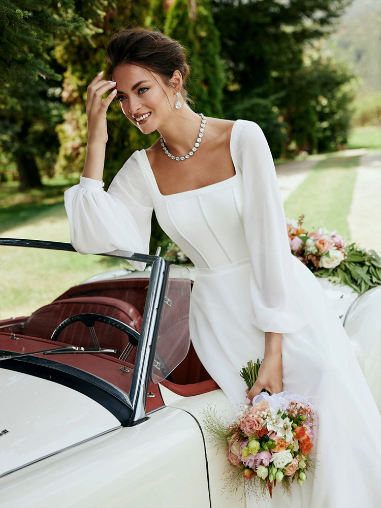 new Amazing white a Wedding Dresses Deep square Necke princess garden Bridal Gowns Long Sleeves A e Tulle plus size long sweep train Vestido De Novia