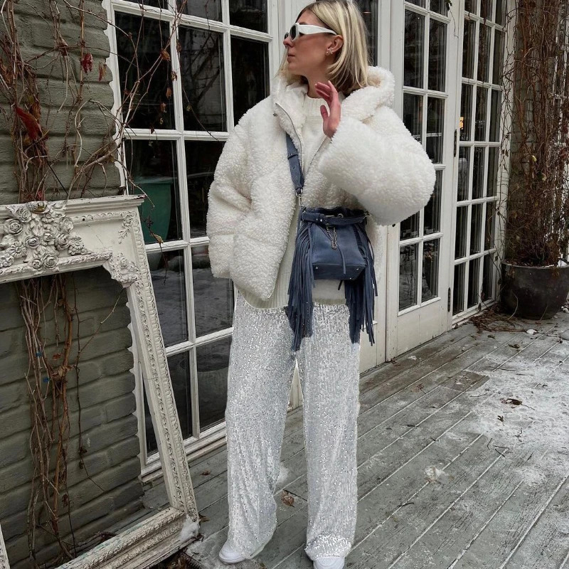 Women's Pants Capris Women's Solid Color Sequins Fashionable and Casual Straight Leg Pants with High Waist and Wide Legs with Exposed Navel 