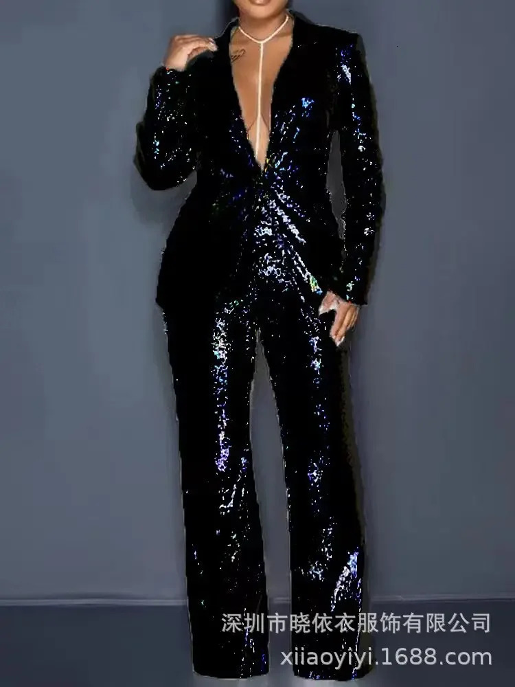 Women's Two Piece Pants European Style Slim Woman Pant Sets Sequined Bling 2 Suits Fashion Blazers and Trouser 231214