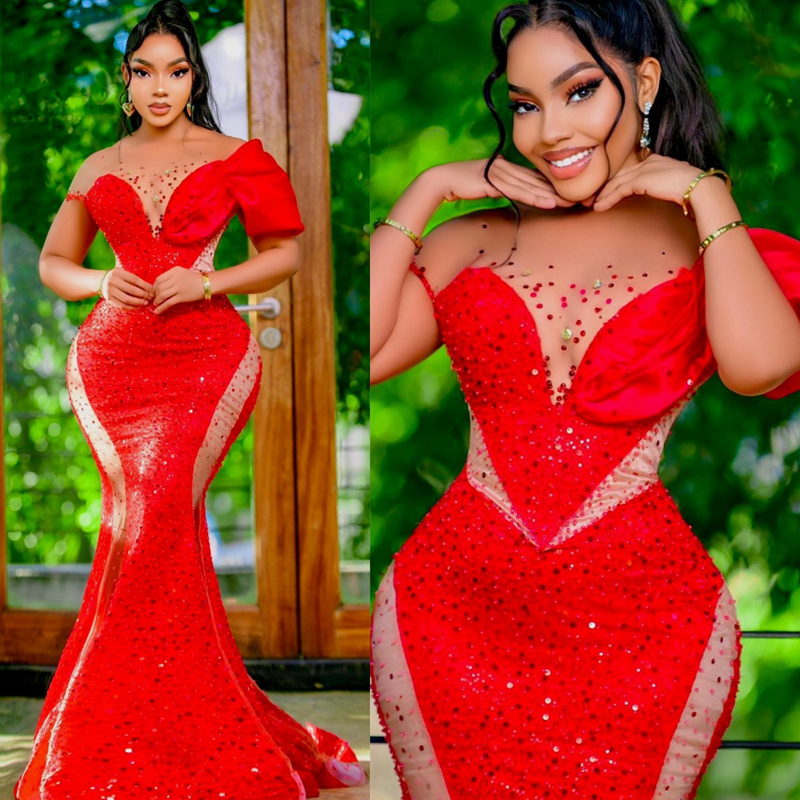 Sparkg Shine African Aso Ebi Prom Dresses Mermaid Illusion Sheer Neck Evening Formal Dress For Black Women Birthday Party Gowns Engagement Gala Vestid