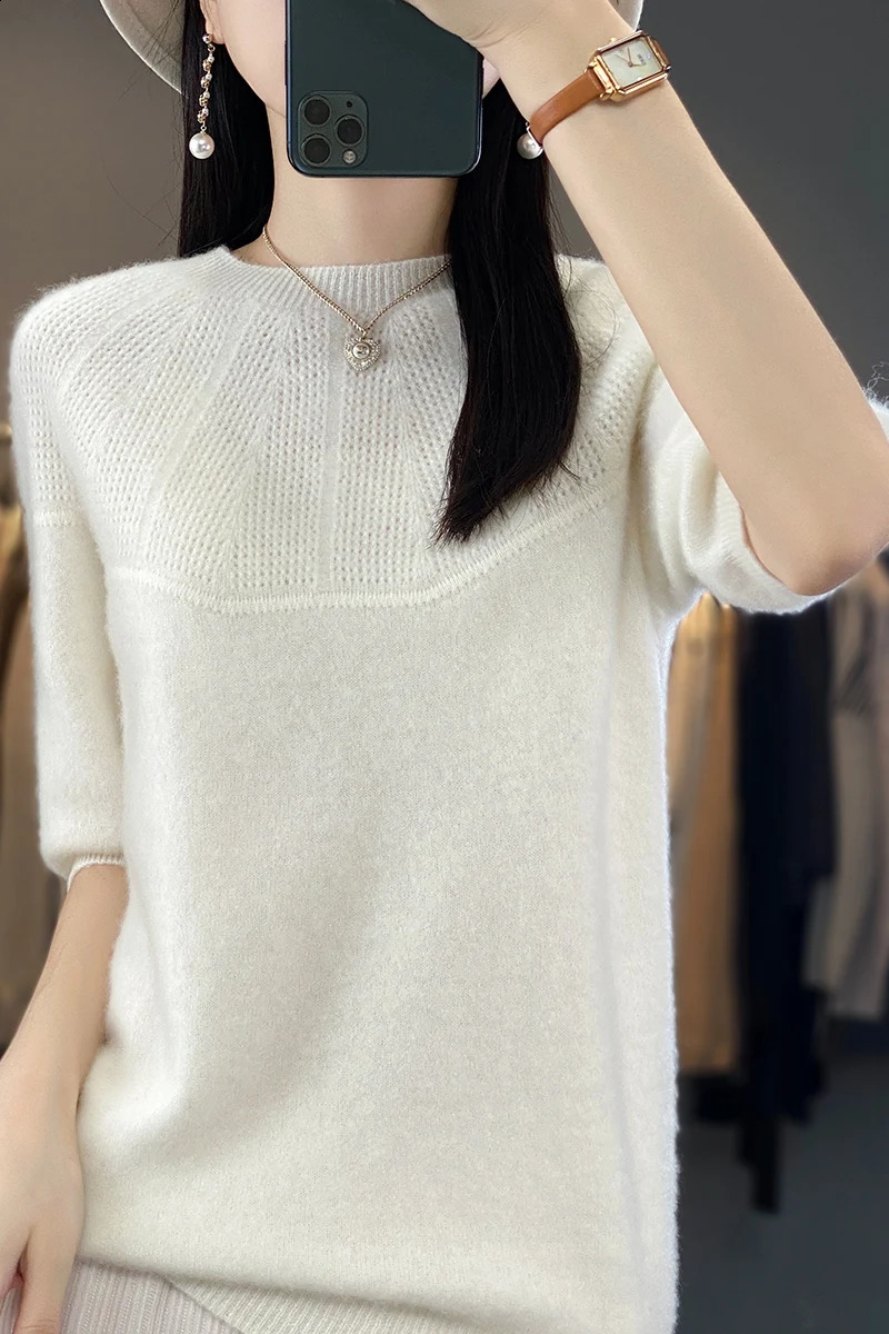 Women's Sweaters Spring Summer Woman's Sweater T-Shirt Hollow Tees Jumper Female Pullover Mid-Sleeve O-Neck Tops 100% Wool Knitted Clothes B