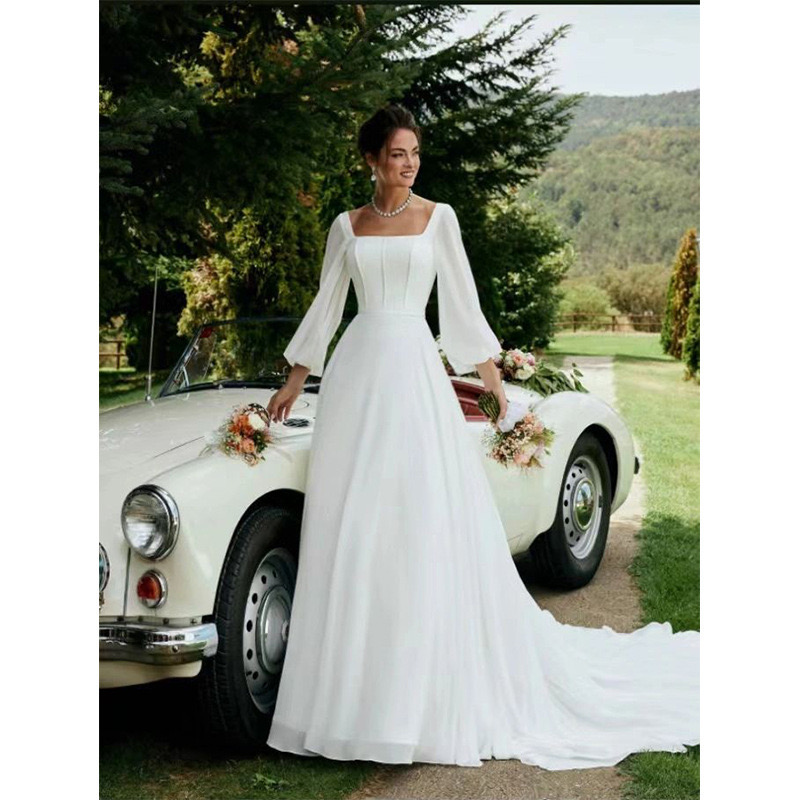 new Amazing white a Wedding Dresses Deep square Necke princess garden Bridal Gowns Long Sleeves A e Tulle plus size long sweep train Vestido De Novia