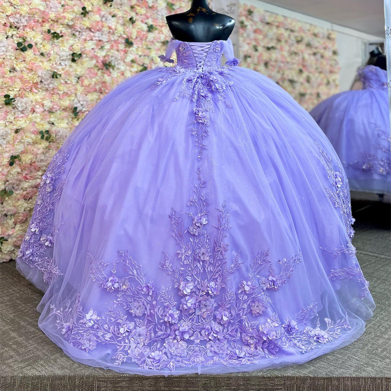 Lavender Shiny Princess Quinceanera Dresses Ball Gown Off The Shoulder Tulle Appliques Lace wer Beads Sweet 16 Dress Vestido De 15 Anos