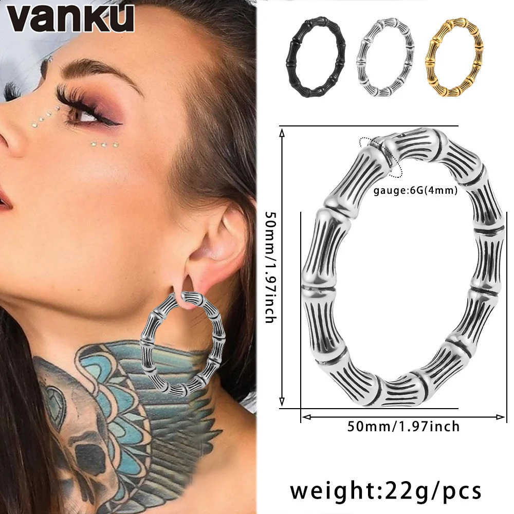Hoop Huggie Vanku 2PCS Bamboo Ear Hanger Weight Stainless Steel Ear Gauges Plugs Earrings Punk For Women Body Jewelry Piercing Accessories 231214