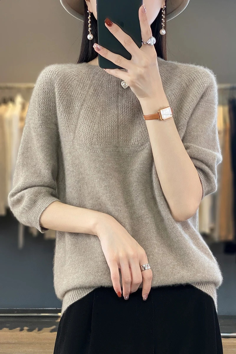 Women's Sweaters Spring Summer Woman's Sweater T-Shirt Hollow Tees Jumper Female Pullover Mid-Sleeve O-Neck Tops 100% Wool Knitted Clothes B