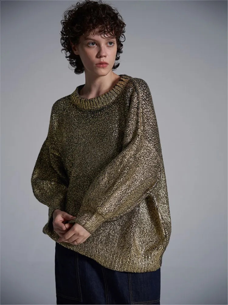 Women's Sweaters Metallic Solid O Neck Sweater For Women Vintage Loose Long Sleeve Shinny Pullover Autumn Female Fashion Street Chic Jumper 23121