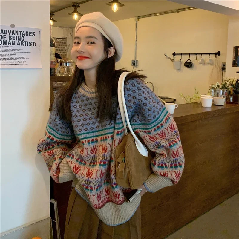 Women's Sweaters Vintage Colorful Christmas Knitted Women Sweater Fashion Korean Style O-neck Knitwear for Women Retro Winter Warm Sweater Jumper