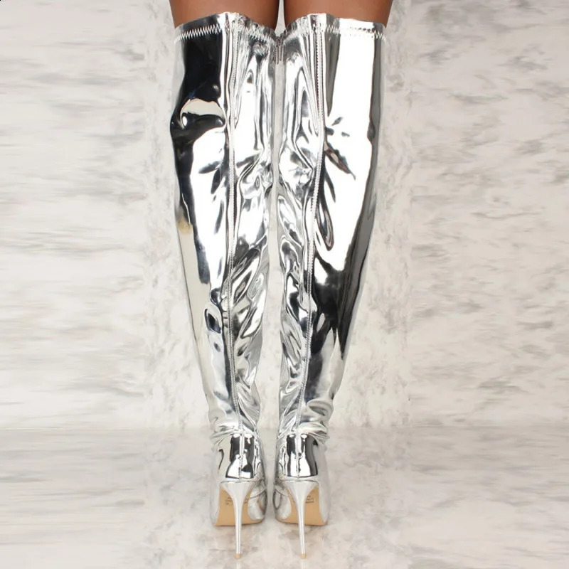 Women Boots Mirror Platform Pointy Toe Punk High Thin Heels Over The Knee Long Autumn Winter Zip Silver Casual Party Shoes 250118