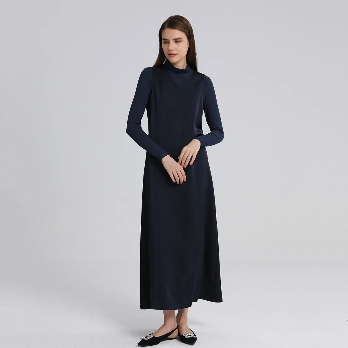 Urban Sexy Dresses AP V Neck Satin Maxi Dress Rib Modal Mock Neck Top 2024 Fall High Quality Women Dress Three Colors #2001 231214