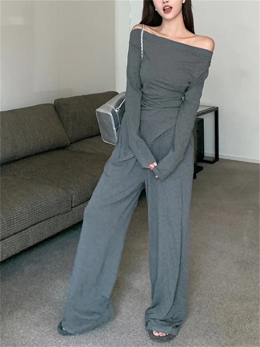 Women's Two Piece Pants PLAMTEE Women Gentle Pieces Sets Autumn Slash Neck Full Sleeve TShirt Chic Slim Wide Leg Daily Mopping Suits 231214