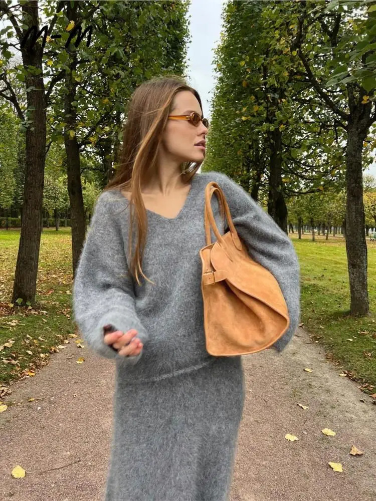 Two Piece Dress Mohair Fall Vneck Tops Midi Skirt Pieces Set Long Sleeve Sweater Suits 2023 Female Elegant Solid Warm Casual Outfits 231214