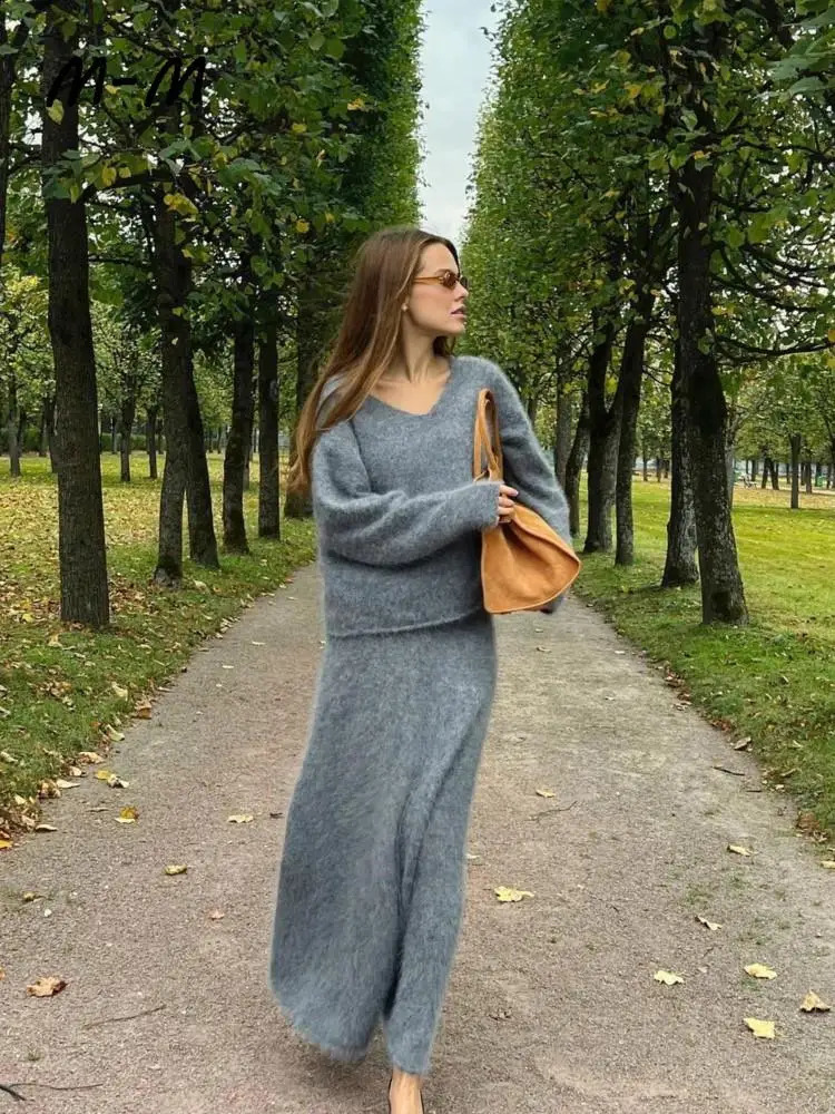 Two Piece Dress Mohair Fall Vneck Tops Midi Skirt Pieces Set Long Sleeve Sweater Suits 2023 Female Elegant Solid Warm Casual Outfits 231214