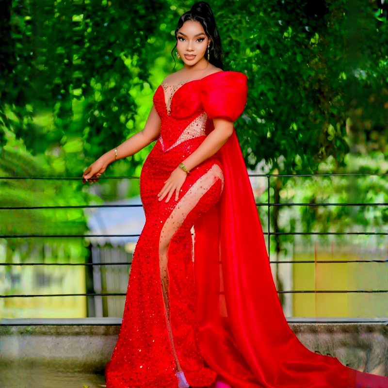 Sparkg Shine African Aso Ebi Prom Dresses Mermaid Illusion Sheer Neck Evening Formal Dress For Black Women Birthday Party Gowns Engagement Gala Vestid