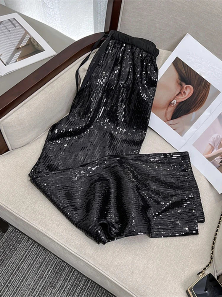 Women's Pants Capris Circyy Sequins Pants Women High Waist Glitter Pants Drawstring Loose Wide Leg Trousers Vintage Fashion Full Length Shiny Pan