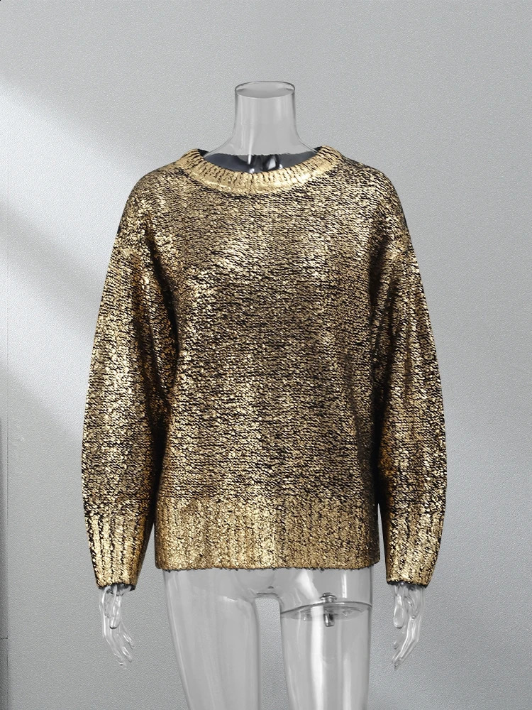 Women's Sweaters Metallic Solid O Neck Sweater For Women Vintage Loose Long Sleeve Shinny Pullover Autumn Female Fashion Street Chic Jumper 23121