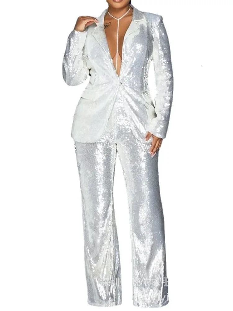 Women's Two Piece Pants European Style Slim Woman Pant Sets Sequined Bling 2 Suits Fashion Blazers and Trouser 231214