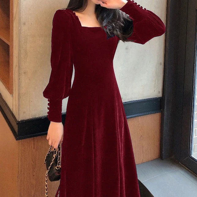 Urban Sexy Dresses French retro waist was thin black dress long-sleeved gold velvet dress autumn and winter vestido midi elegante 231215