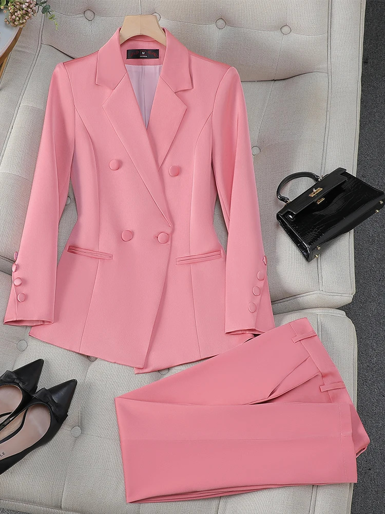 Women's Suits Blazers Fashion Office Ladies Formal Pant Suit Set Women Blue Pink Yellow Female Business Work Wear 2 Piece Blazer Jacket And Trous