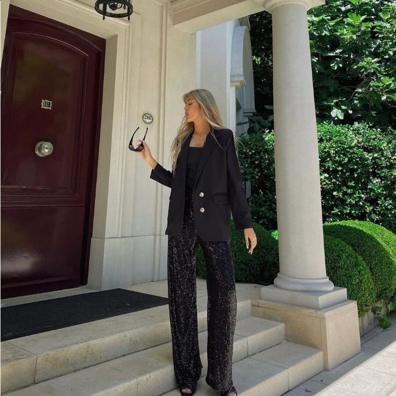 Women's Pants Capris Women's Solid Color Sequins Fashionable and Casual Straight Leg Pants with High Waist and Wide Legs with Exposed Navel 