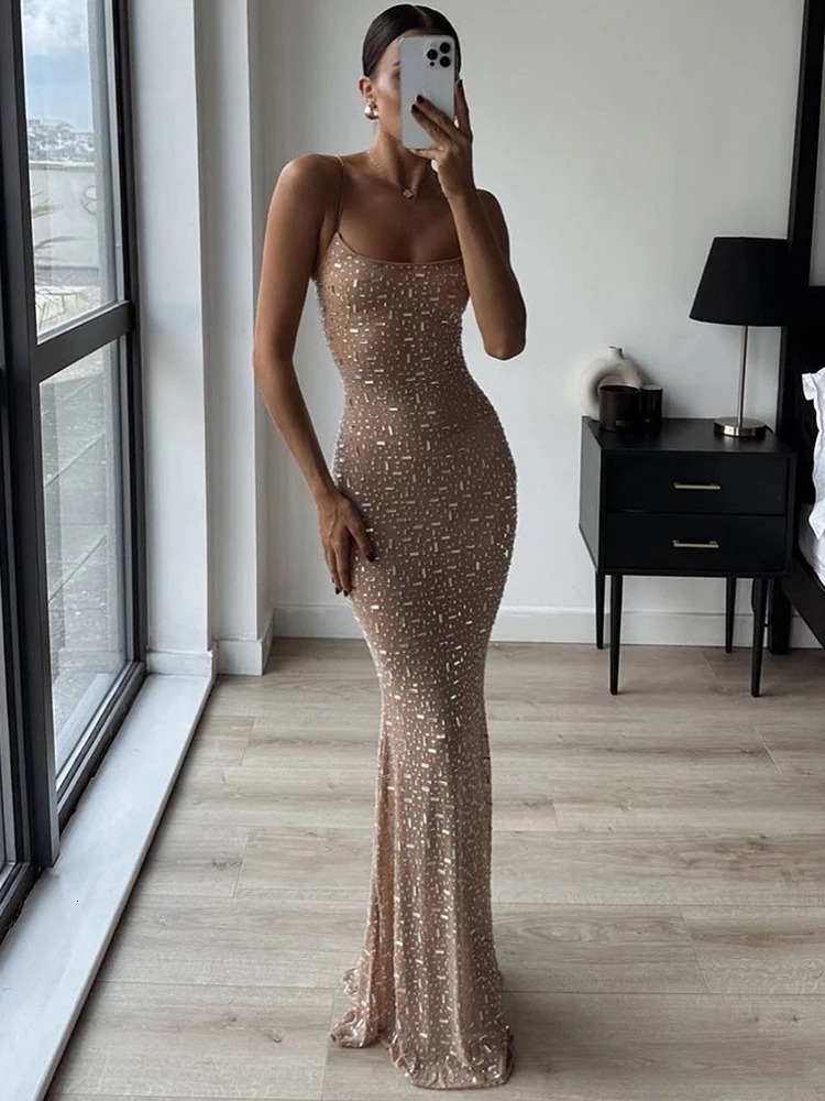 Urban Sexy Dresses Elegant Sequin Female Maxi Dress Fashion Glitter High Waist Bodycon Sexy Diamond Backless Spaghetti Strap Birthday Night Club Ou 23