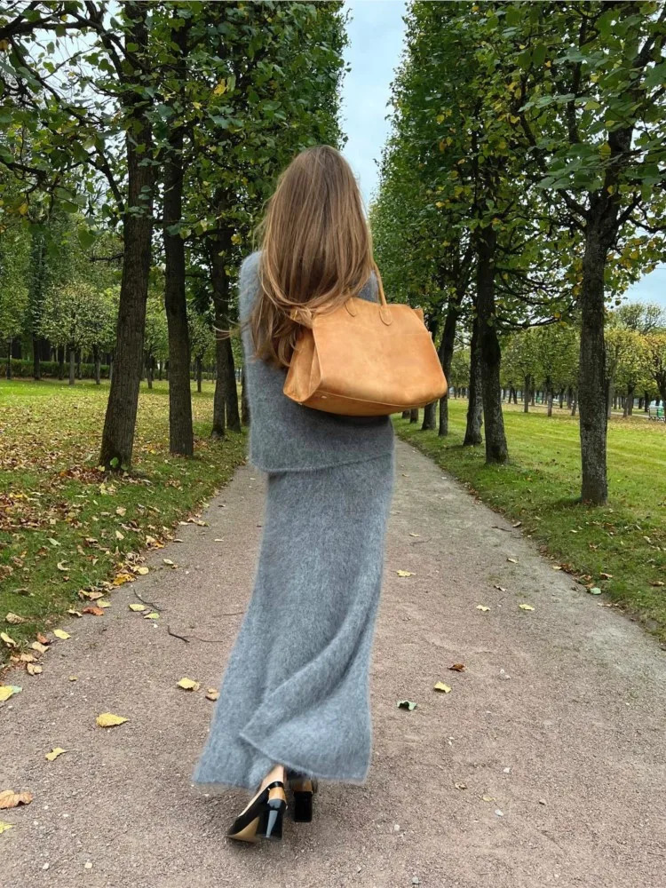 Two Piece Dress Mohair Fall Vneck Tops Midi Skirt Pieces Set Long Sleeve Sweater Suits 2023 Female Elegant Solid Warm Casual Outfits 231214