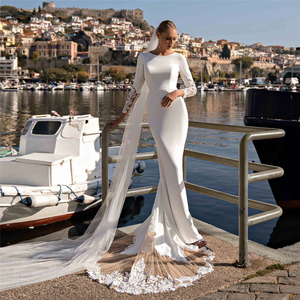 Dresses Long Civil Sleeve Beaded Appliques Mermaid Wedding Dress Scoop Neck Button Back Splice Train Bridal Gown