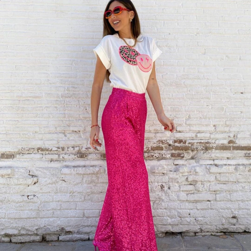 Women's Pants Capris Women's Solid Color Sequins Fashionable and Casual Straight Leg Pants with High Waist and Wide Legs with Exposed Navel 