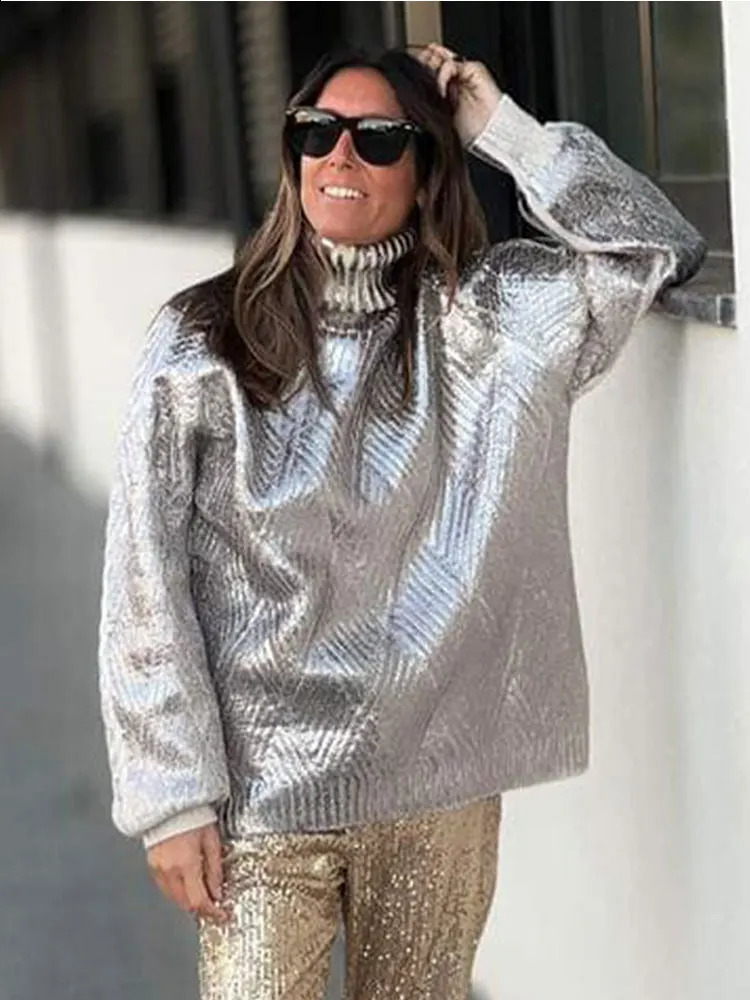 Women's Sweaters Metallic Solid Turtleneck Sweater For Women Elegant Loose Long Sleeve Silver Pullover Autumn Female Fashion Casual Chic Jumper 2