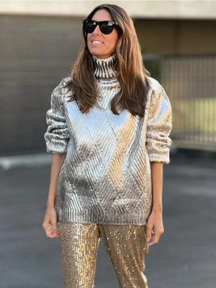 Women's Sweaters Metallic Solid Turtleneck Sweater For Women Elegant Loose Long Sleeve Silver Pullover Autumn Female Fashion Casual Chic Jumper 2