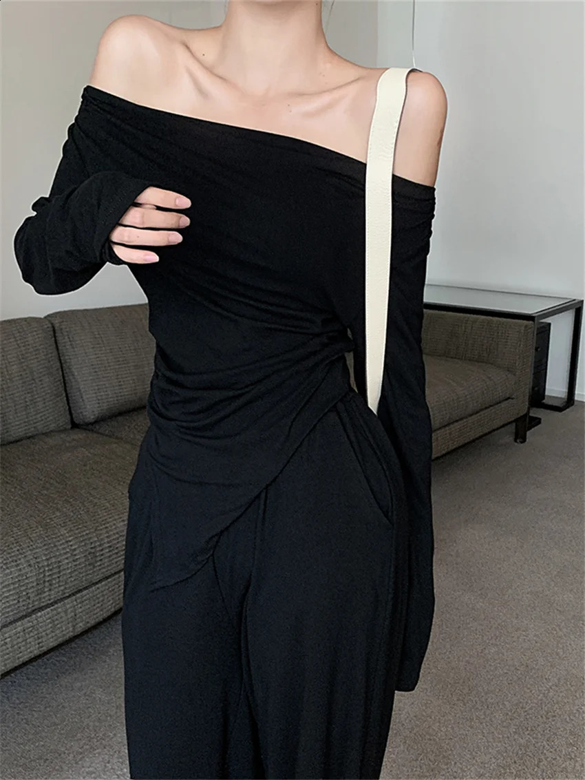 Women's Two Piece Pants PLAMTEE Women Gentle Pieces Sets Autumn Slash Neck Full Sleeve TShirt Chic Slim Wide Leg Daily Mopping Suits 231214