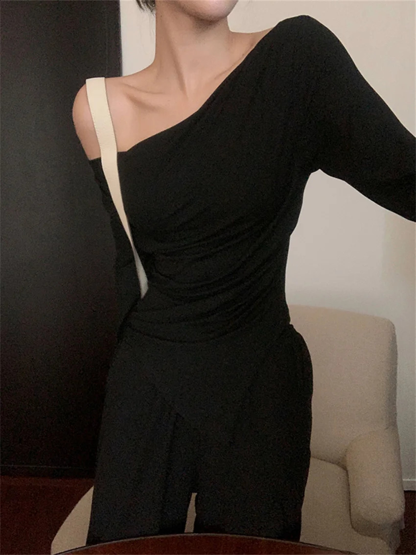 Women's Two Piece Pants PLAMTEE Women Gentle Pieces Sets Autumn Slash Neck Full Sleeve TShirt Chic Slim Wide Leg Daily Mopping Suits 231214