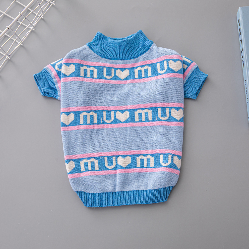 designer pink blue contrasting stripes pet letter love jacket pure cotton winter warm cat sweater dog clothing