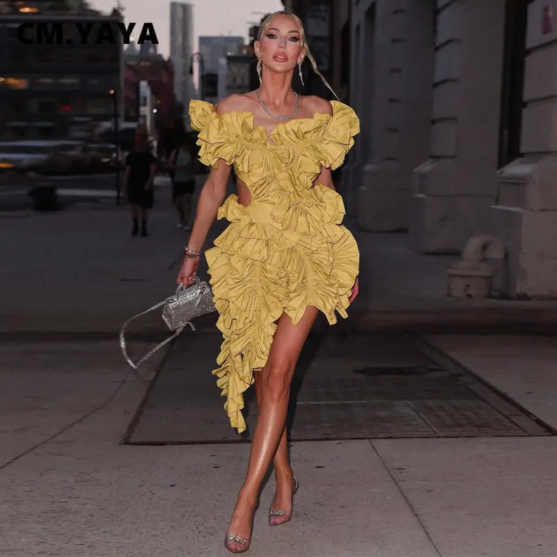 Urban Sexy Dresses CM.YAYA Women Edible Tree Fungus Tierred High Low Asymmetrical Ball Gown Dress Sexy Club Party Evening High Street Dresses 231214