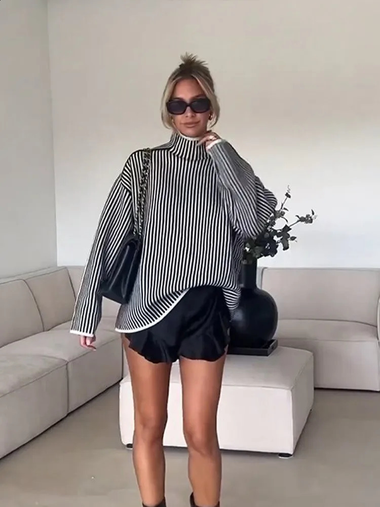 Women's Sweaters Vertical Stripe High Collar Warm Sweater Oversized Fashion Long Sleeve Thicken Pullover Autumn Women Elegant Casual Streetwear 2