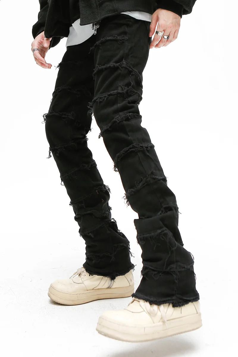 Men's Jeans Heavy Industry Hole Frayed Destruction Waxed Mens High Street Retro Straight Ripped Pencil Pants Oversize Denim Trousers 231214