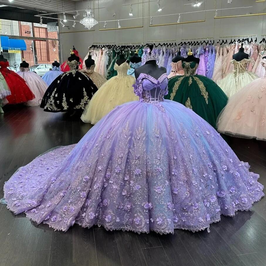 Purple Sweetheart Mexico Quinceanera Beaded Appliques Corset Prom Dress D Flowers Ball Gown Sweet Robe De Bal