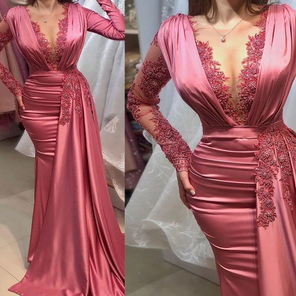 Evening Fuia Mermaid Pageant Dresses With Long Sleeve Lace Stain Side Train Aso Ebi African Fishtail Prom Reception Gown 6660305