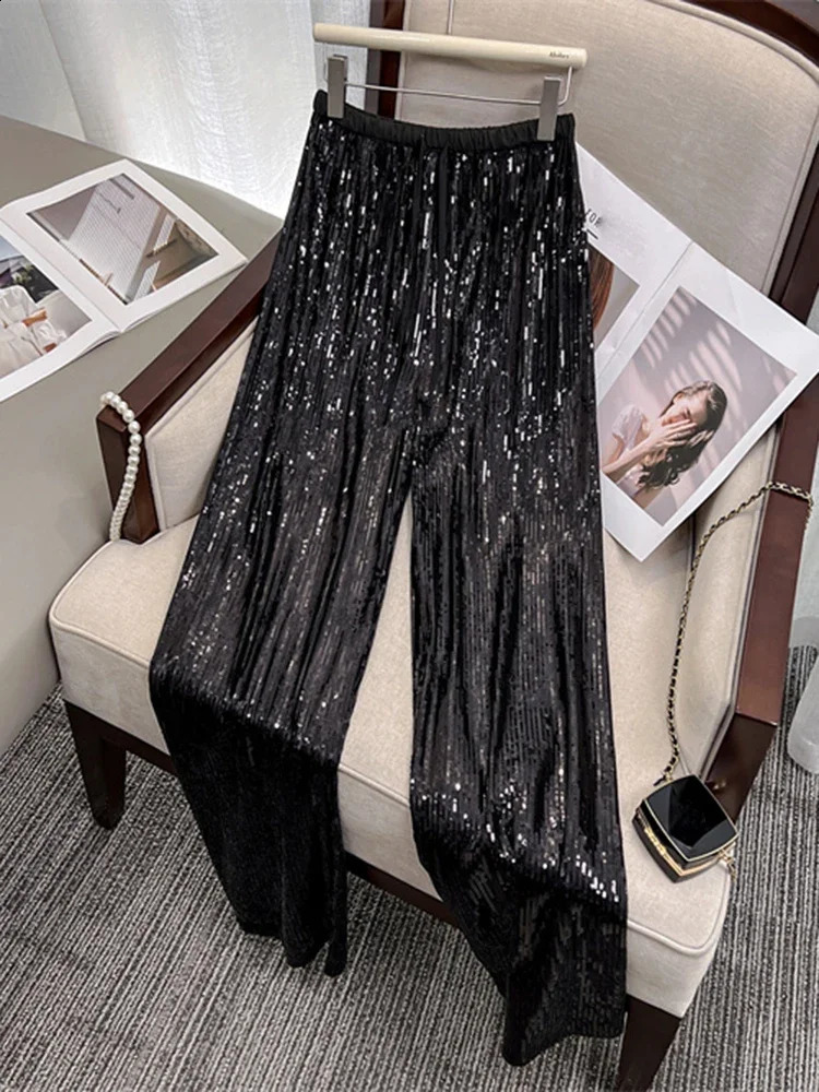 Women's Pants Capris Circyy Sequins Pants Women High Waist Glitter Pants Drawstring Loose Wide Leg Trousers Vintage Fashion Full Length Shiny Pan