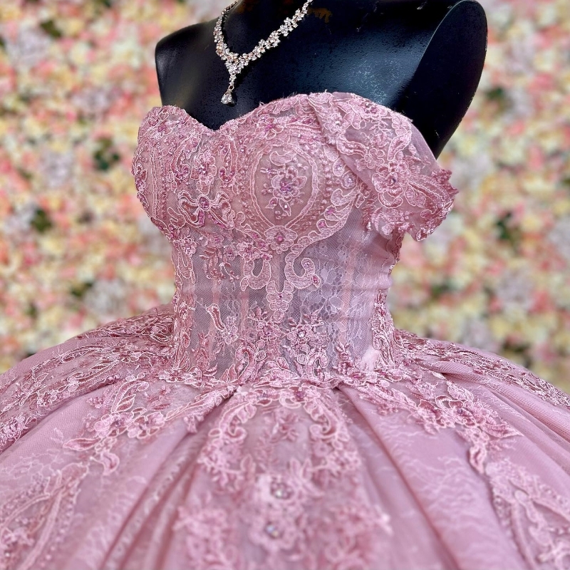 Pink Sweetheart Princess Gown Applique Lace Tull Quinceanera Dresses Sweet 15 16 Birthday Party Dress Robe De Ball 0702