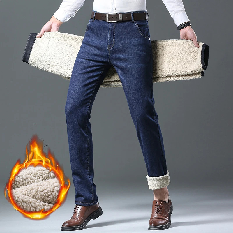 Men's Jeans Winter Warm Fleece Men 2023 Straight Stretch Thick Casual Thermal Denim Pants Male Business Work Trousers Clothing 231214