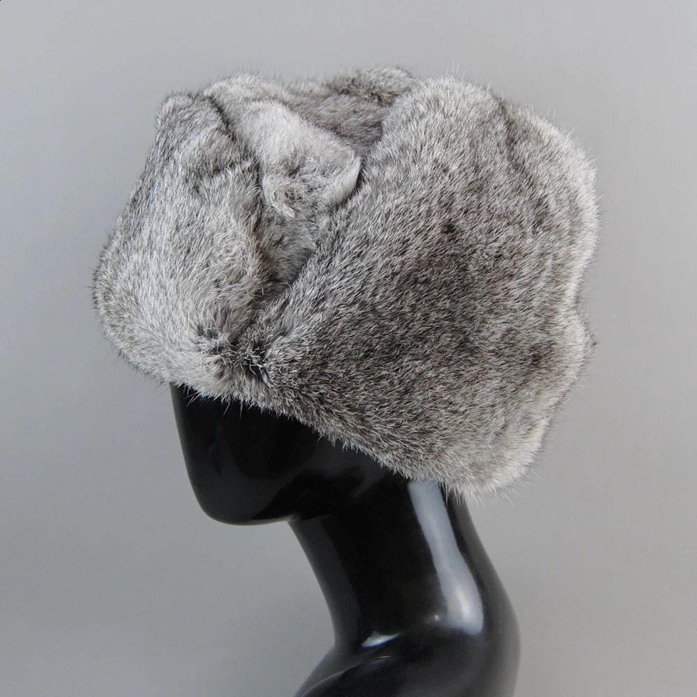 Trapper Hats Men's Caps Warm Natural Rabbit Fur Bomber Hat With Earflaps Winter Unisex Warm Russian Ushanka Hat Real Rabbit Fur Hats 231214 - view 5