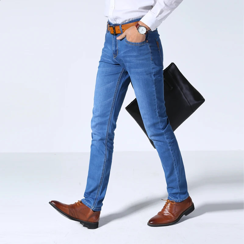 Men's Jeans Classic Style Men Summer Thin Business Casual Stretch Slim Denim Pants Light Blue Black Trousers Male 231214
