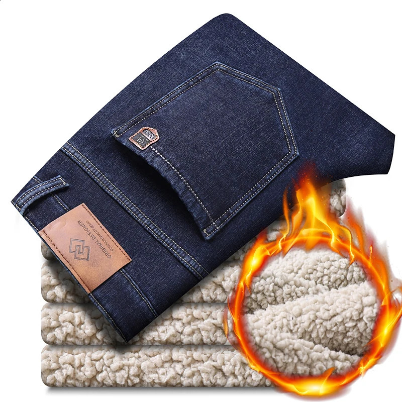 Men's Jeans Winter Warm Fleece Men 2023 Straight Stretch Thick Casual Thermal Denim Pants Male Business Work Trousers Clothing 231214