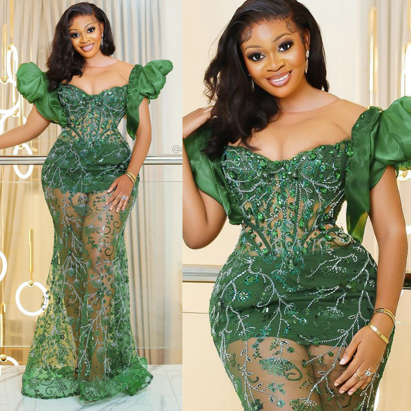 Shine Emerald Green Evening Dresses Special Ocns Illusion Lace Beaded Cap Sleeves Formal Dress For African Black Girls Birthday Party Gala Prom Gowns 
