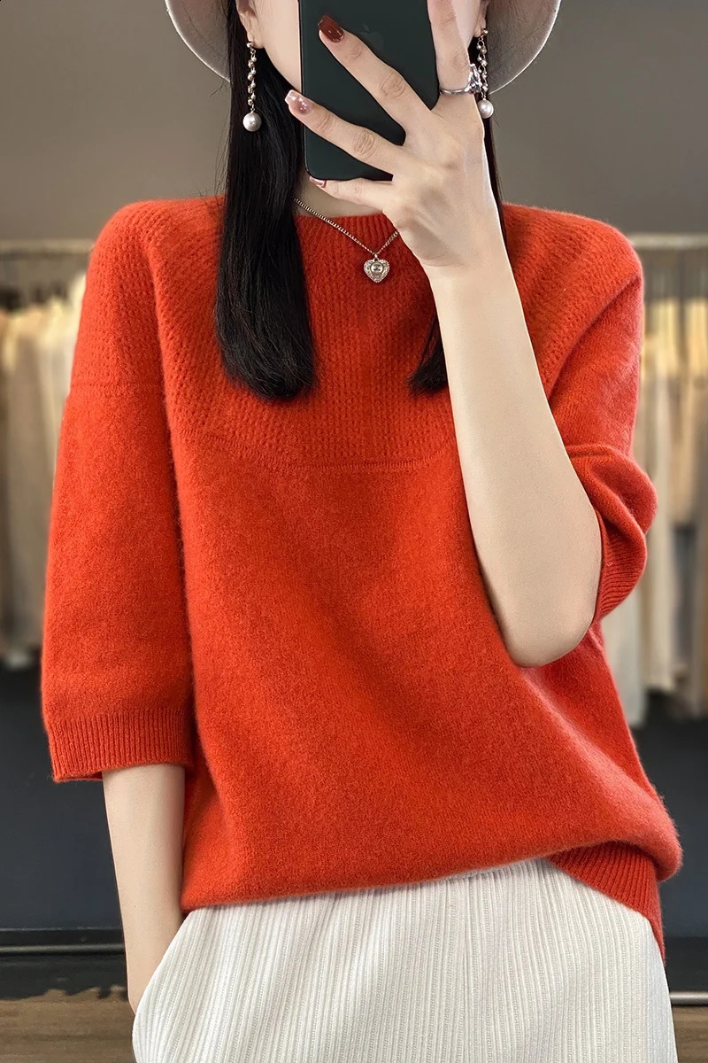 Women's Sweaters Spring Summer Woman's Sweater T-Shirt Hollow Tees Jumper Female Pullover Mid-Sleeve O-Neck Tops 100% Wool Knitted Clothes B